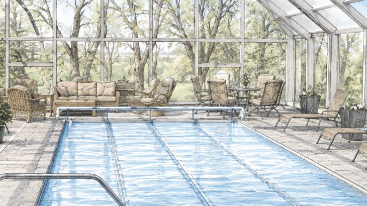Outdoor Indoor swimming pool with an automatic pool cover inside a bright glass enclosure surrounded by comfortable lounge seating.