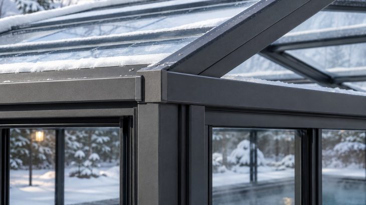 Close-up of powder-coated aluminium structural framing supporting a glass pool enclosure during winter.
