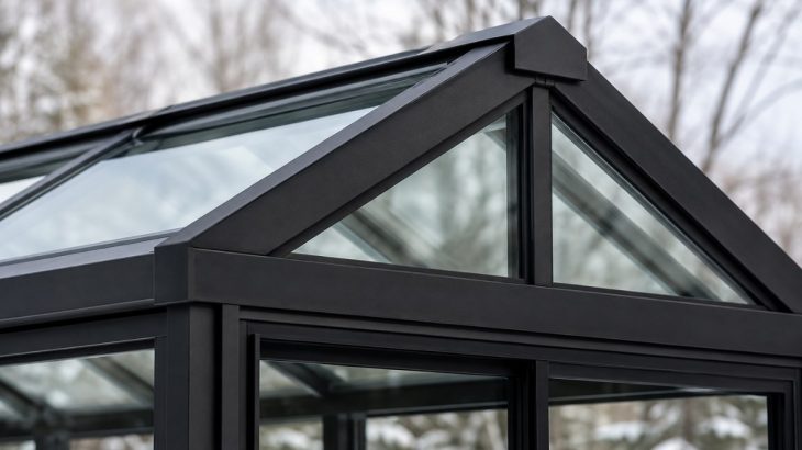 Close-up of a single peak gable roof on an aluminum and glass pool enclosure designed to withstand Canadian winter conditions.