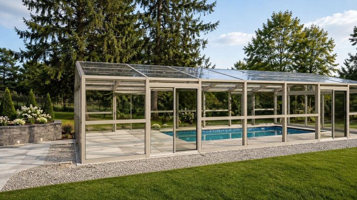 Modern glass pool enclosure surrounding an outdoor swimming pool in a landscaped backyard.